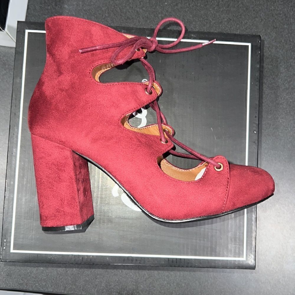 180. Burgundy Faux Suede Platform Unique Retro Block Lace-up Heels Qupid - Picture 2 of 4